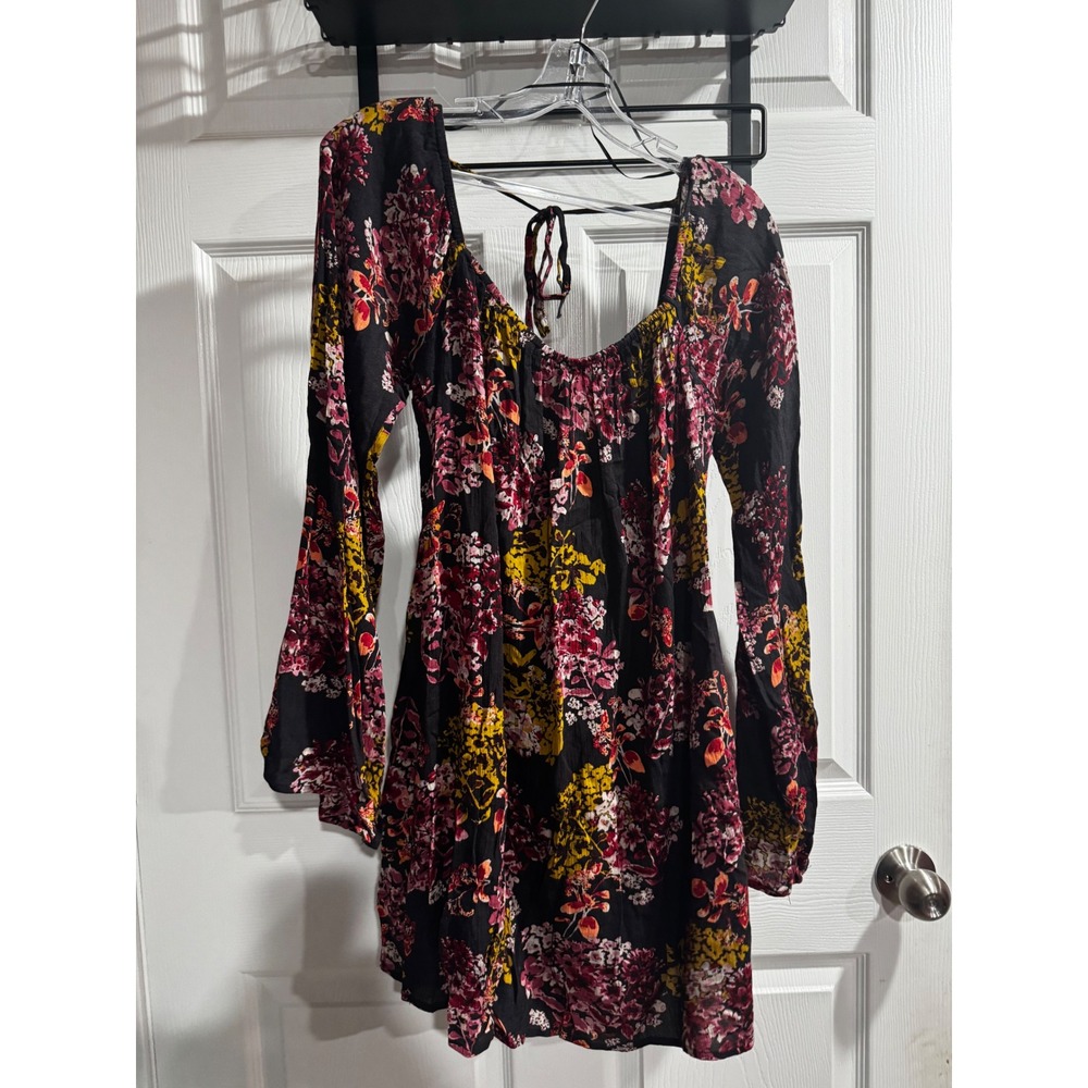 Sage Womens Floral Long Bell Sleeve Mini Dress Black Pink Boho Square Neck S